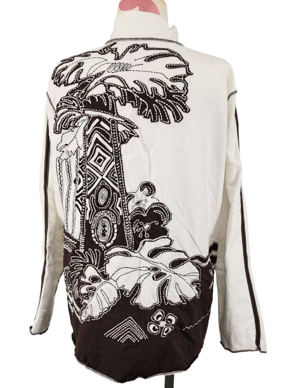 Women's Spa by Chico's Full Zip Jacket Size 2 White Brown Back Design Palm Tree